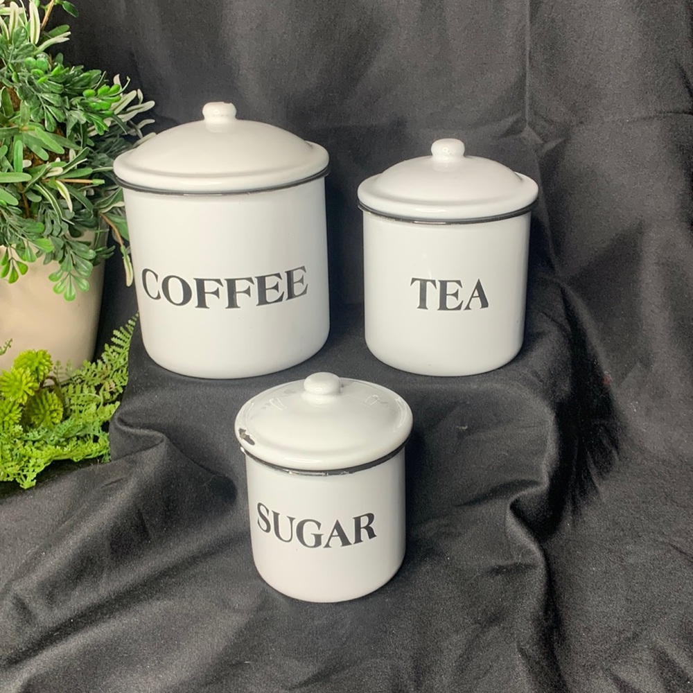 Distressed enamelware farmhouse coffee / tea / sugar nesting storage canister